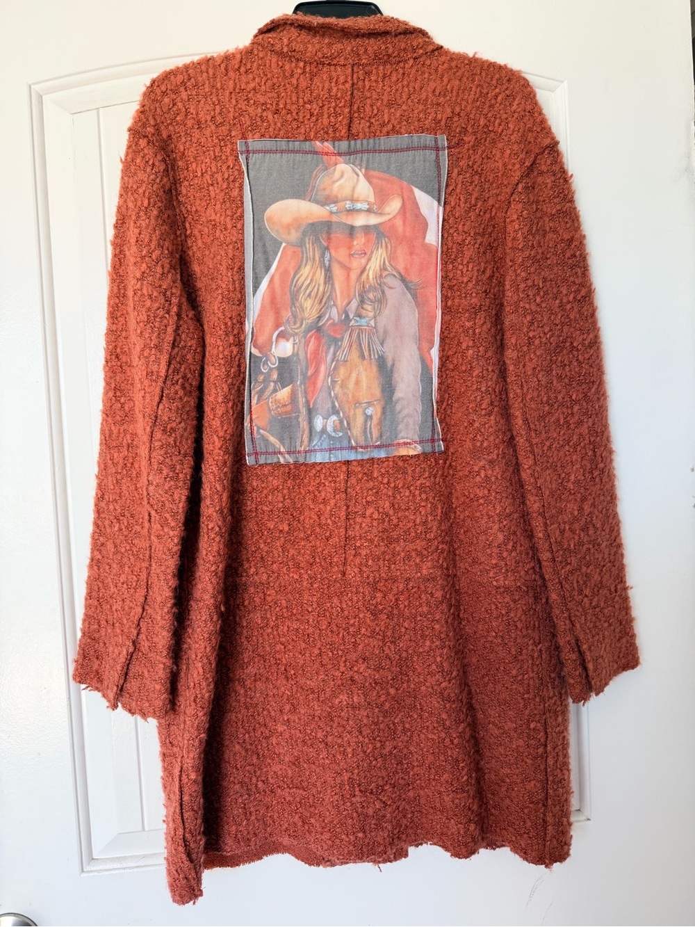 The Nu Vintage Terracotta Bouclé Knit Coat Cowgirl Back Patch size M